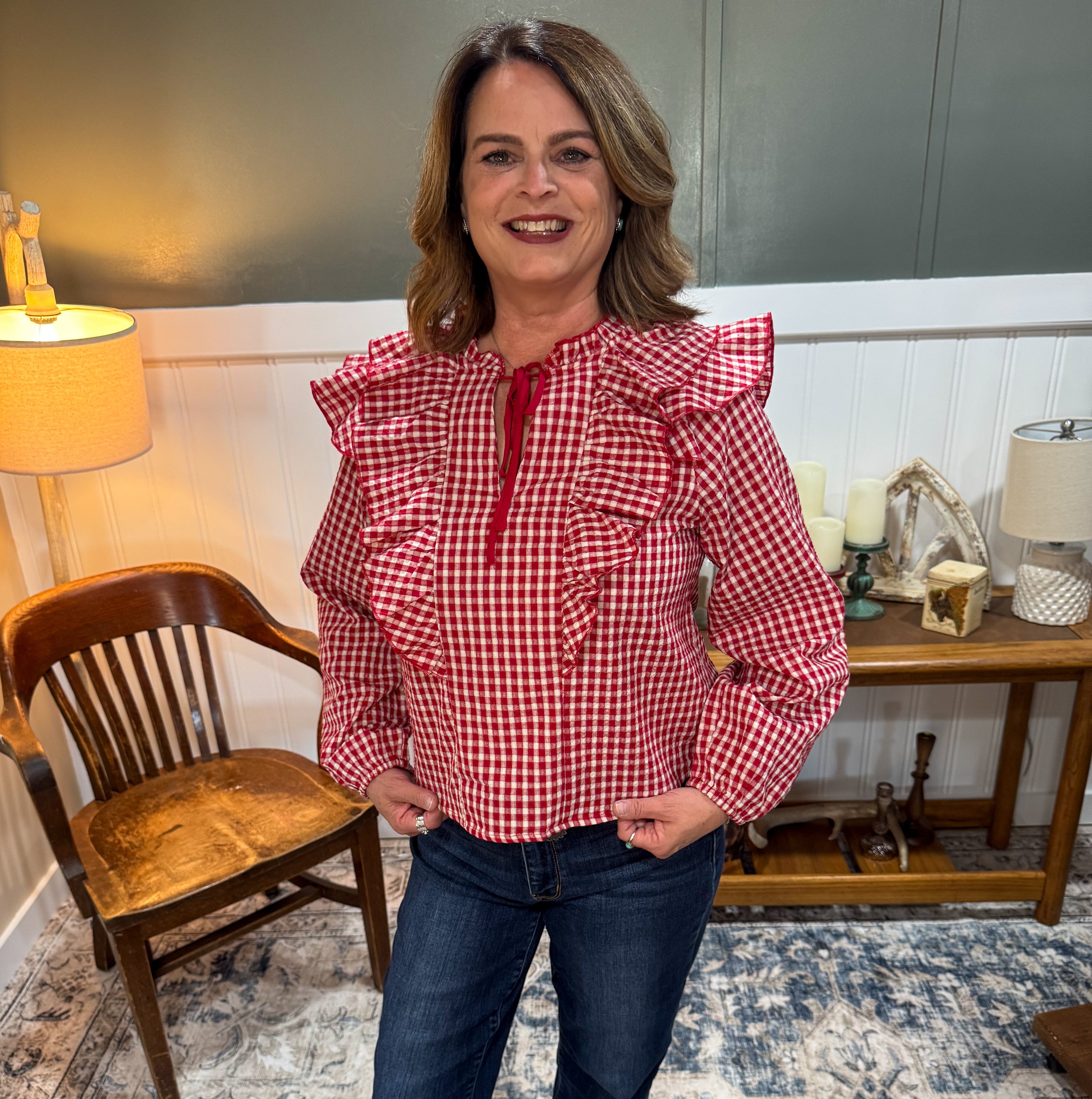 Red Gingham Ruffled Blouse