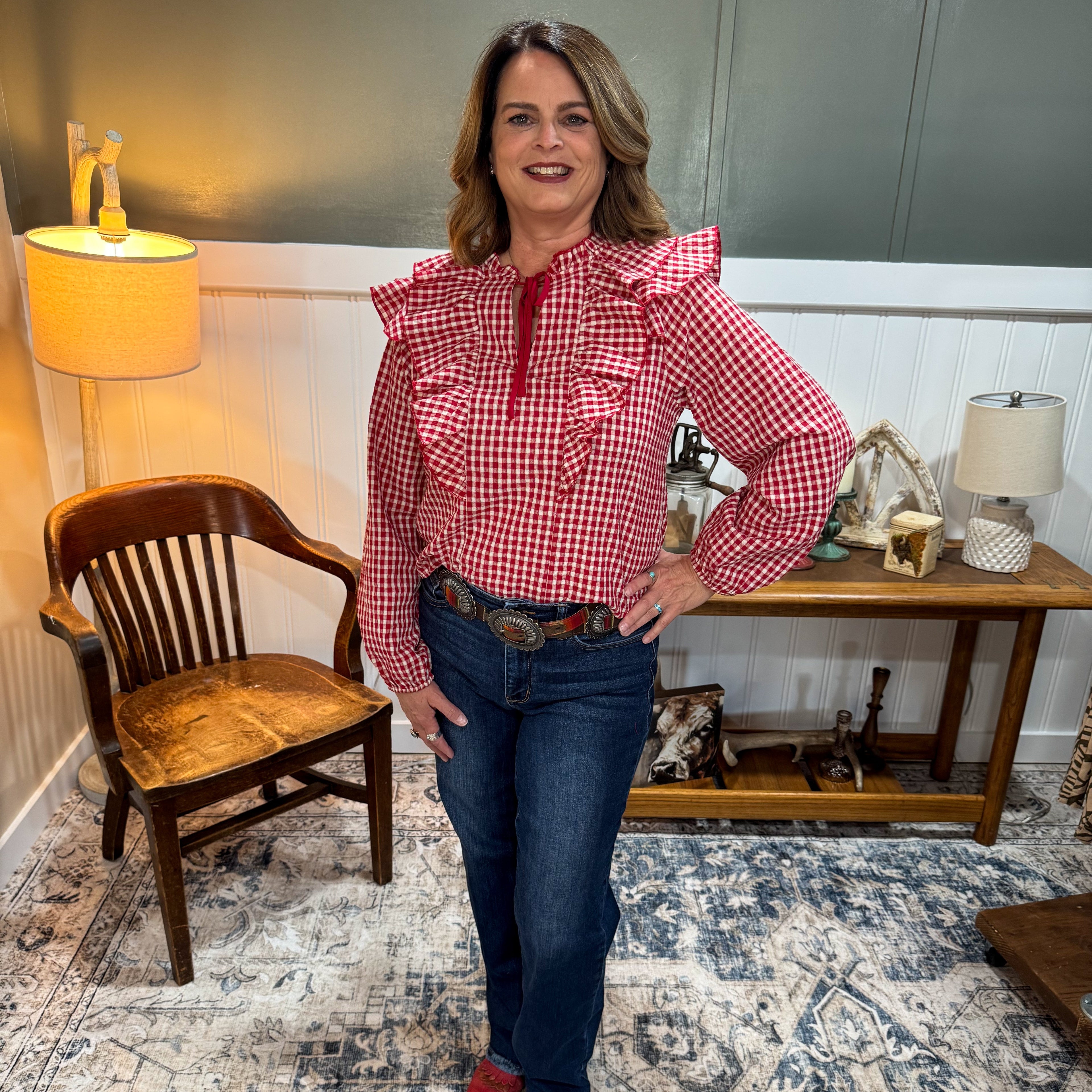Red Gingham Ruffled Blouse