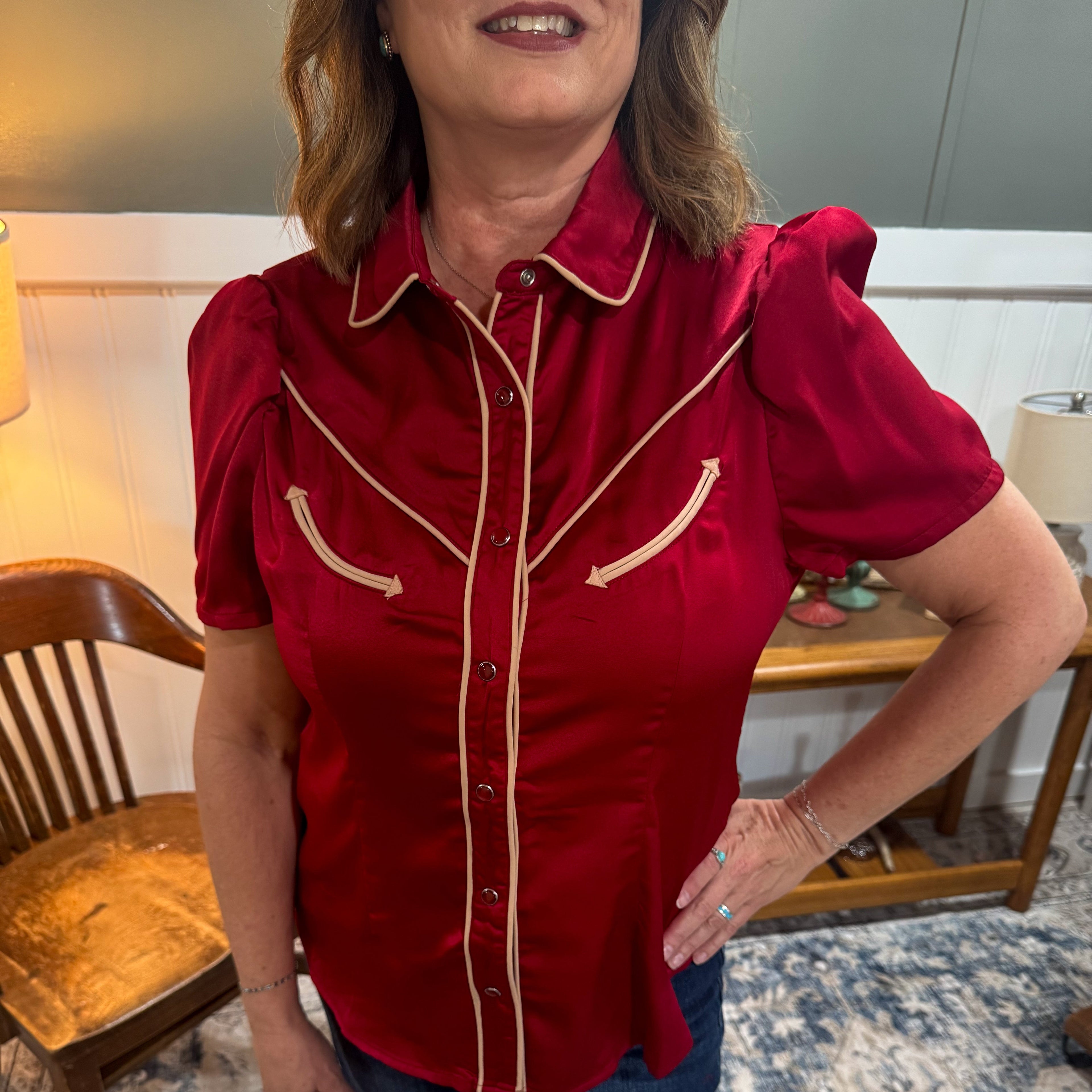Burgundy Satin Pearl Snap Top