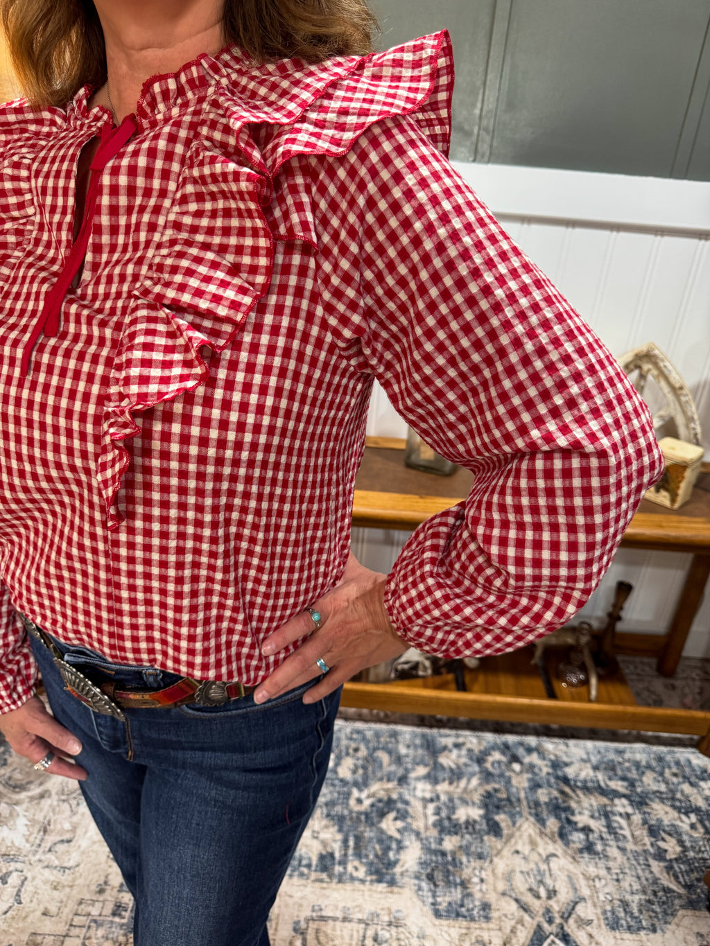 Red Gingham Ruffled Blouse