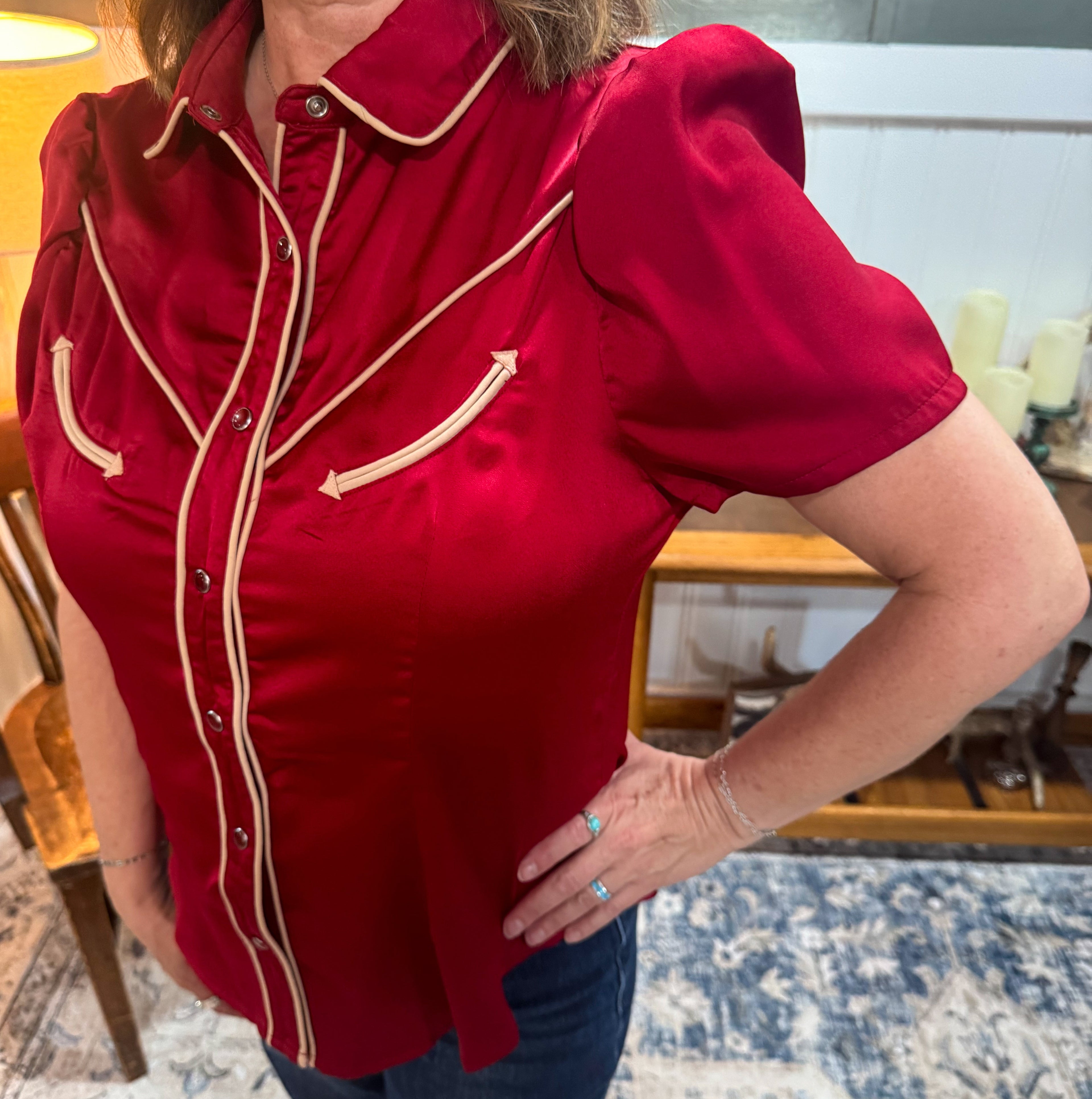 Burgundy Satin Pearl Snap Top
