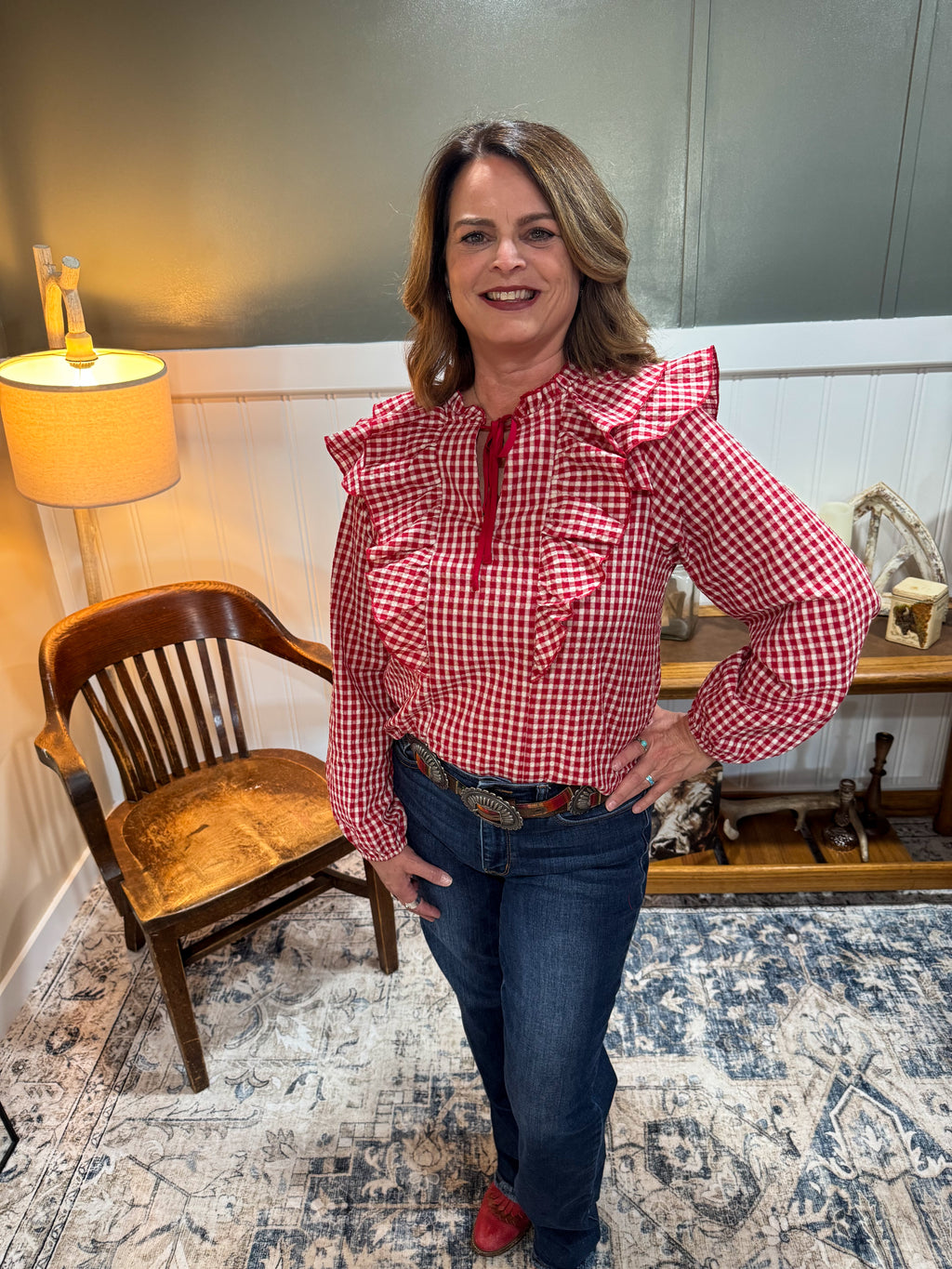 Red Gingham Ruffled Blouse