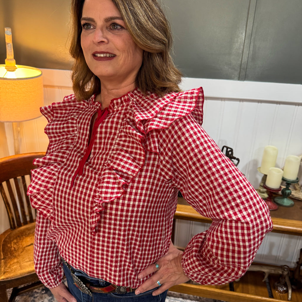 Red Gingham Ruffled Blouse
