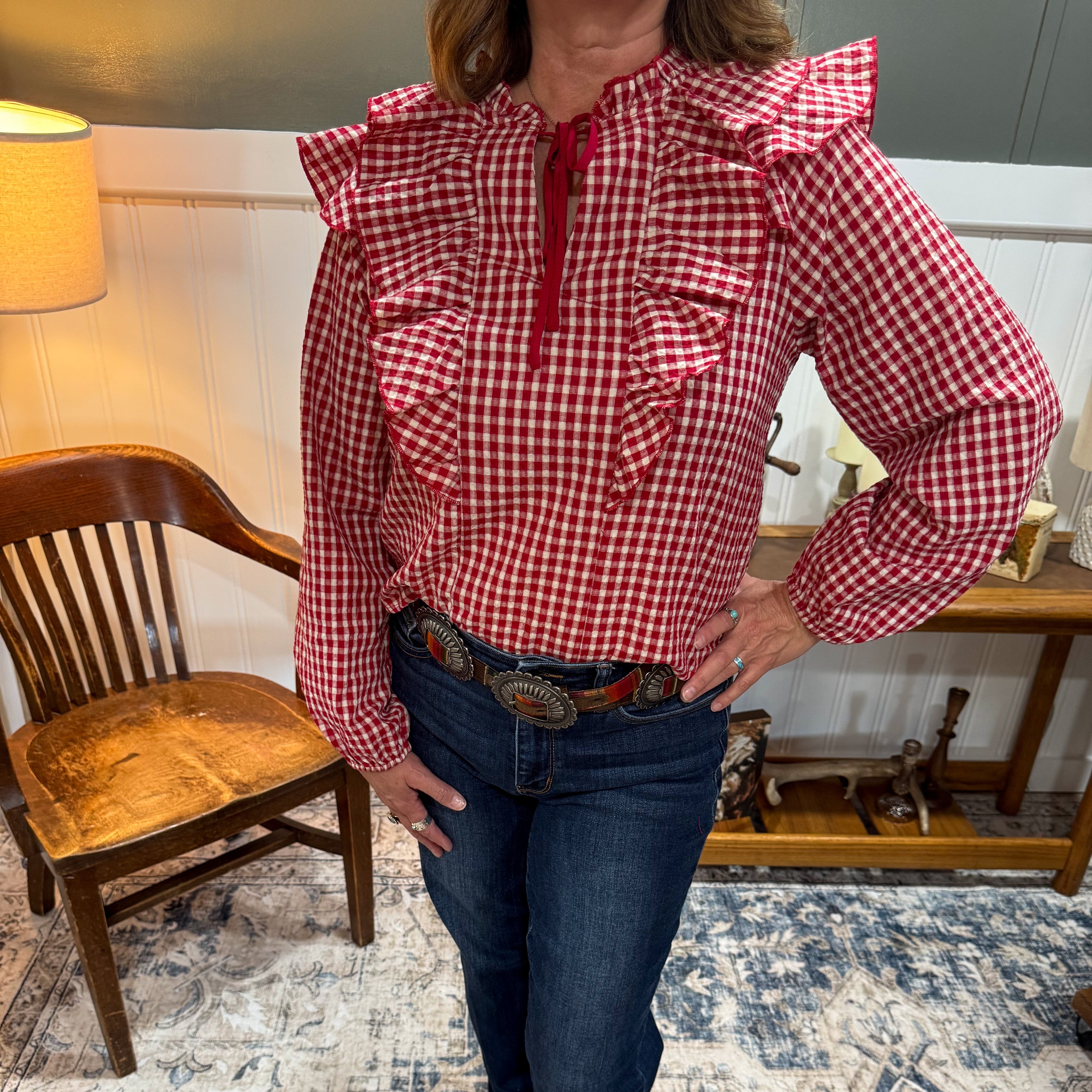 Red Gingham Ruffled Blouse
