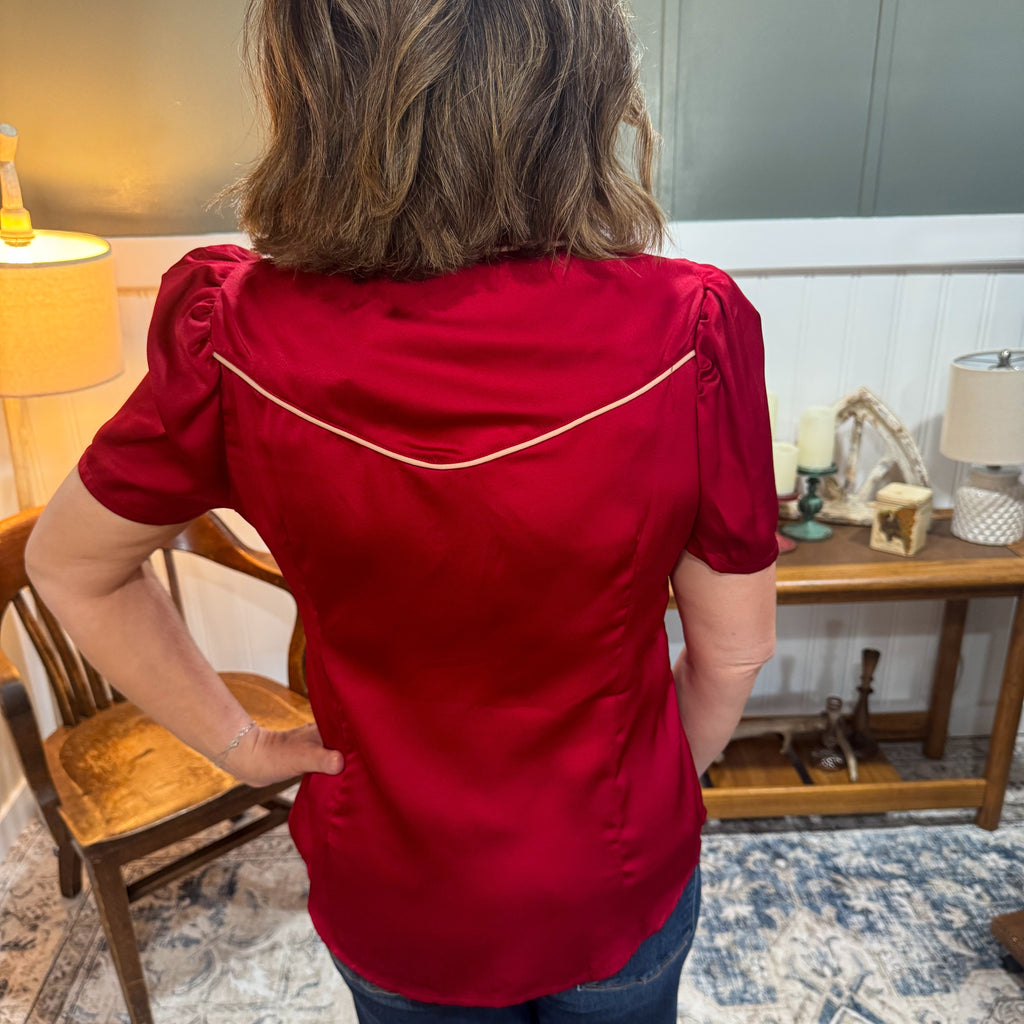 Burgundy Satin Pearl Snap Top