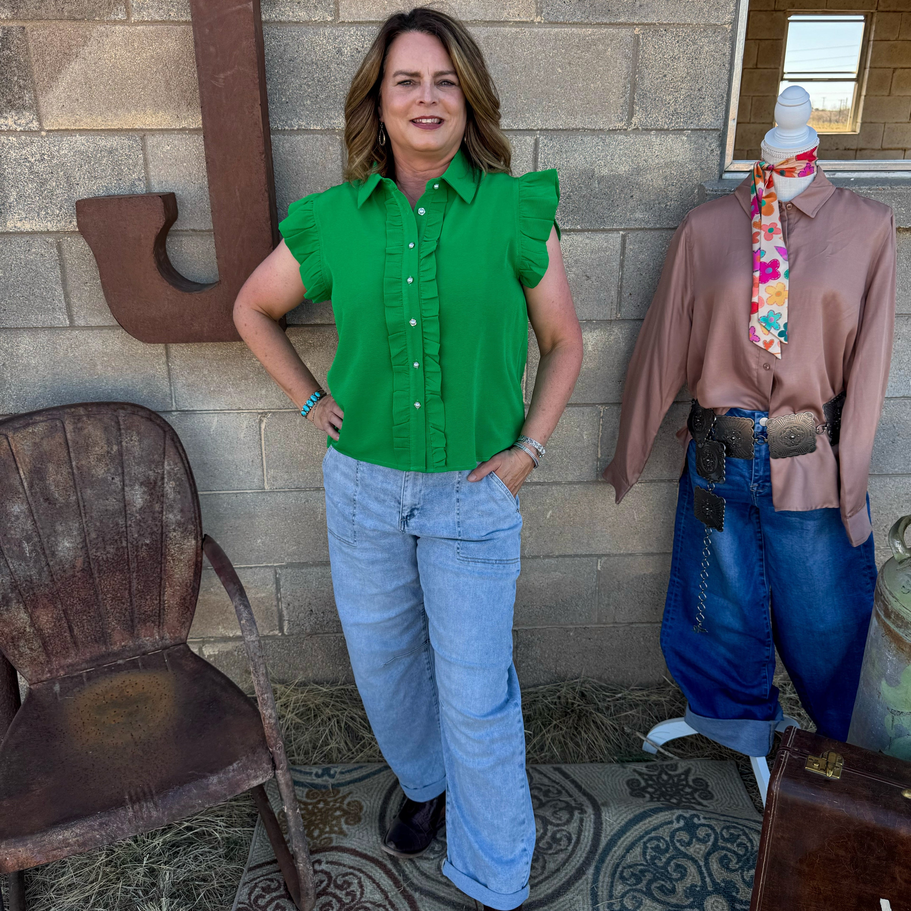 Kelly Green Ruffle Blouse