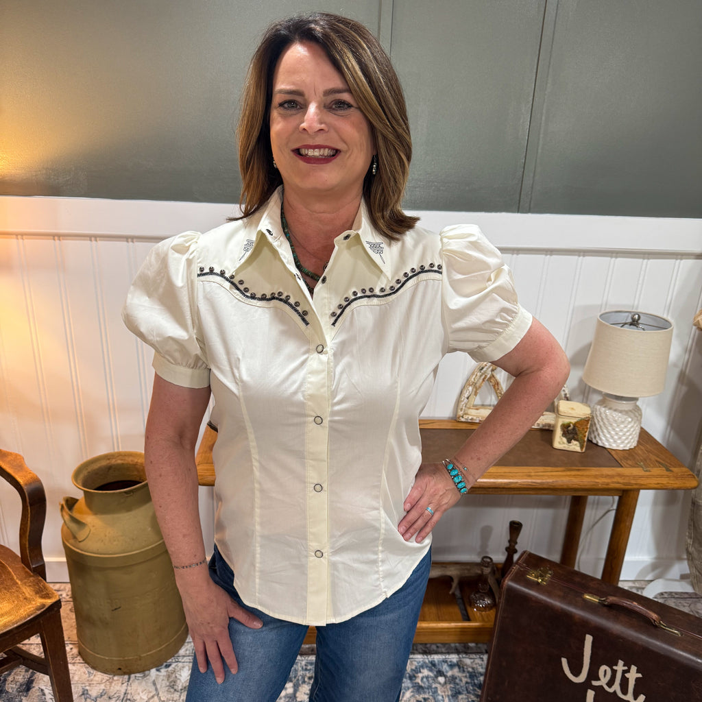 Ivory Studded Pearl Snap Top
