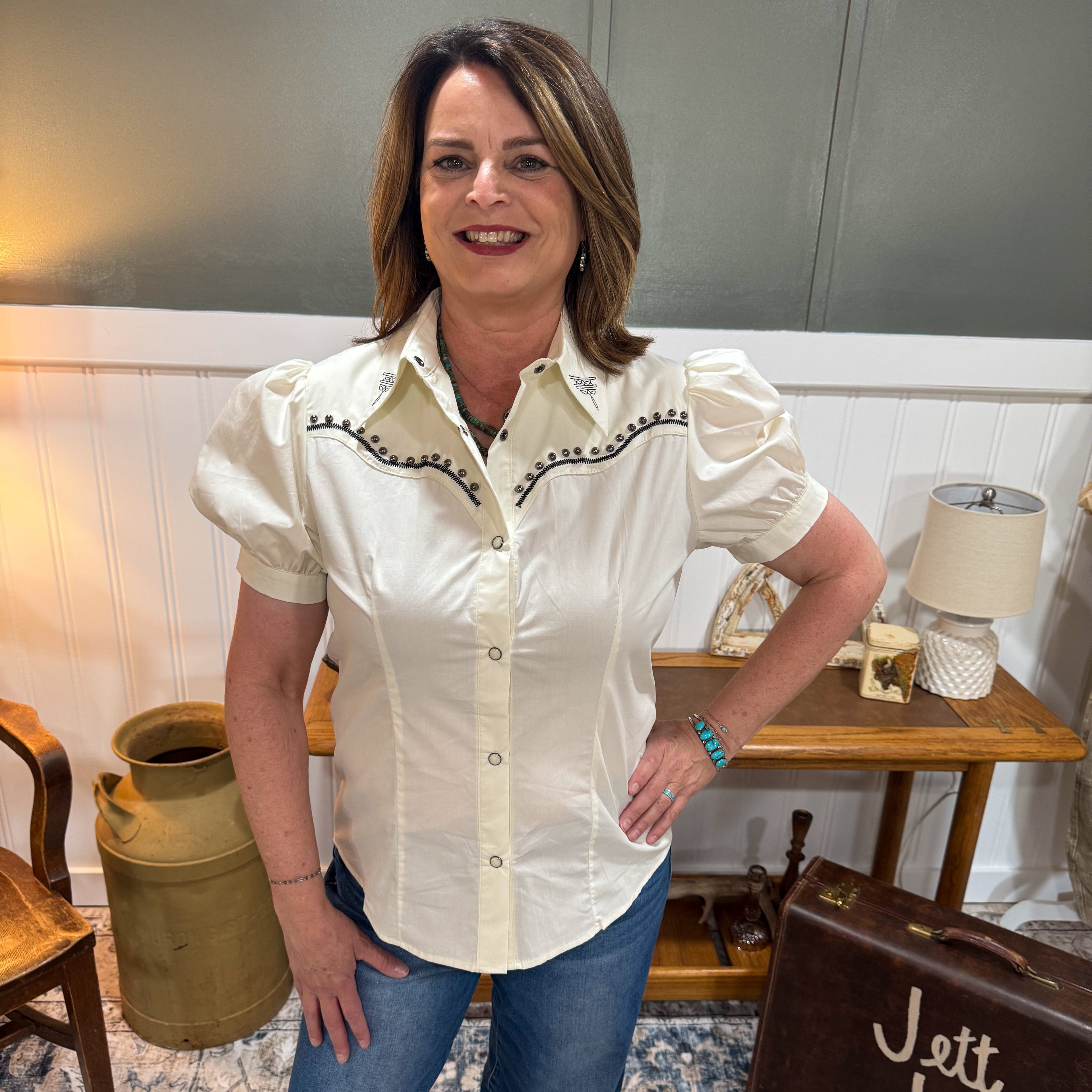 Ivory Studded Pearl Snap Top