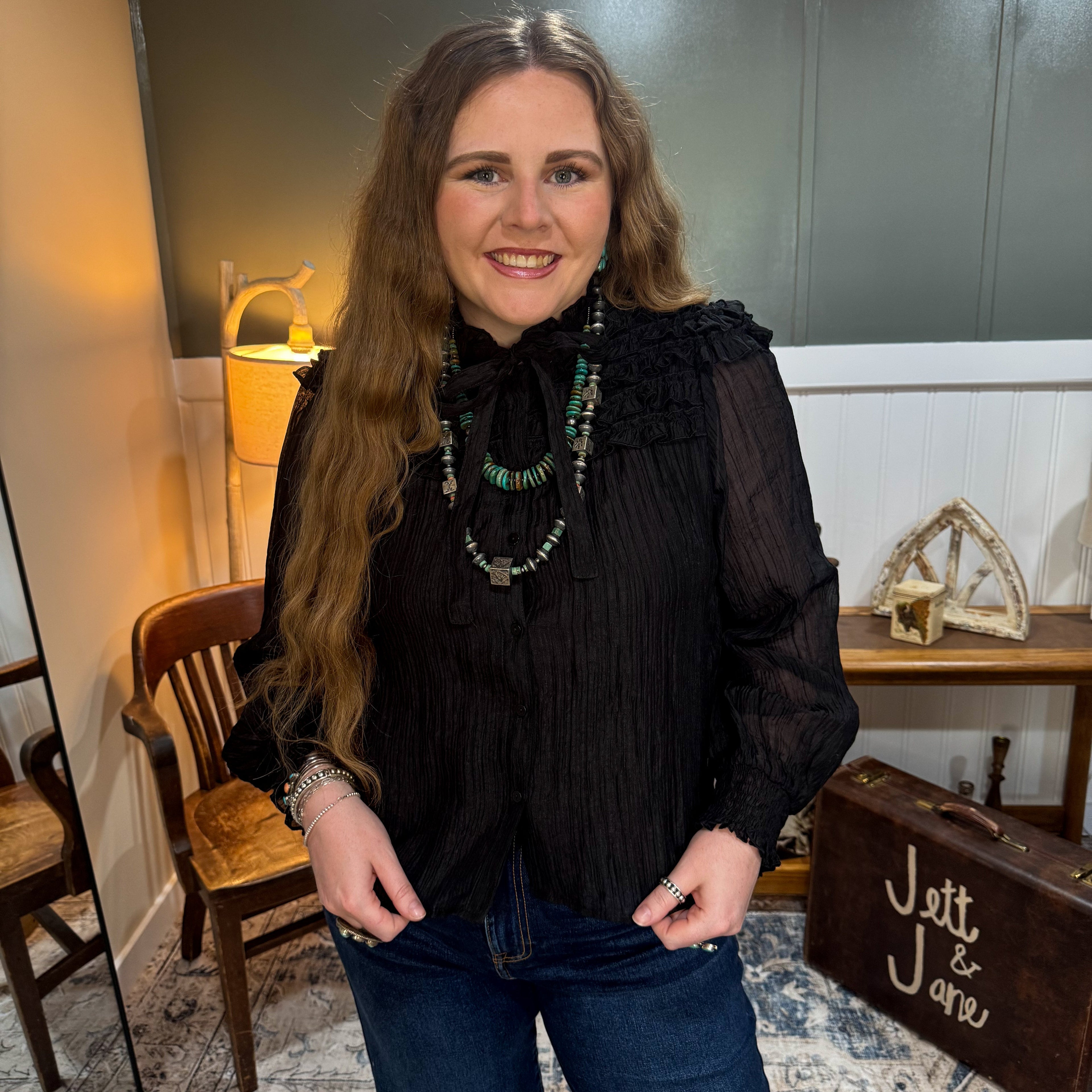 Ruffle Yoke Long Sleeve Top