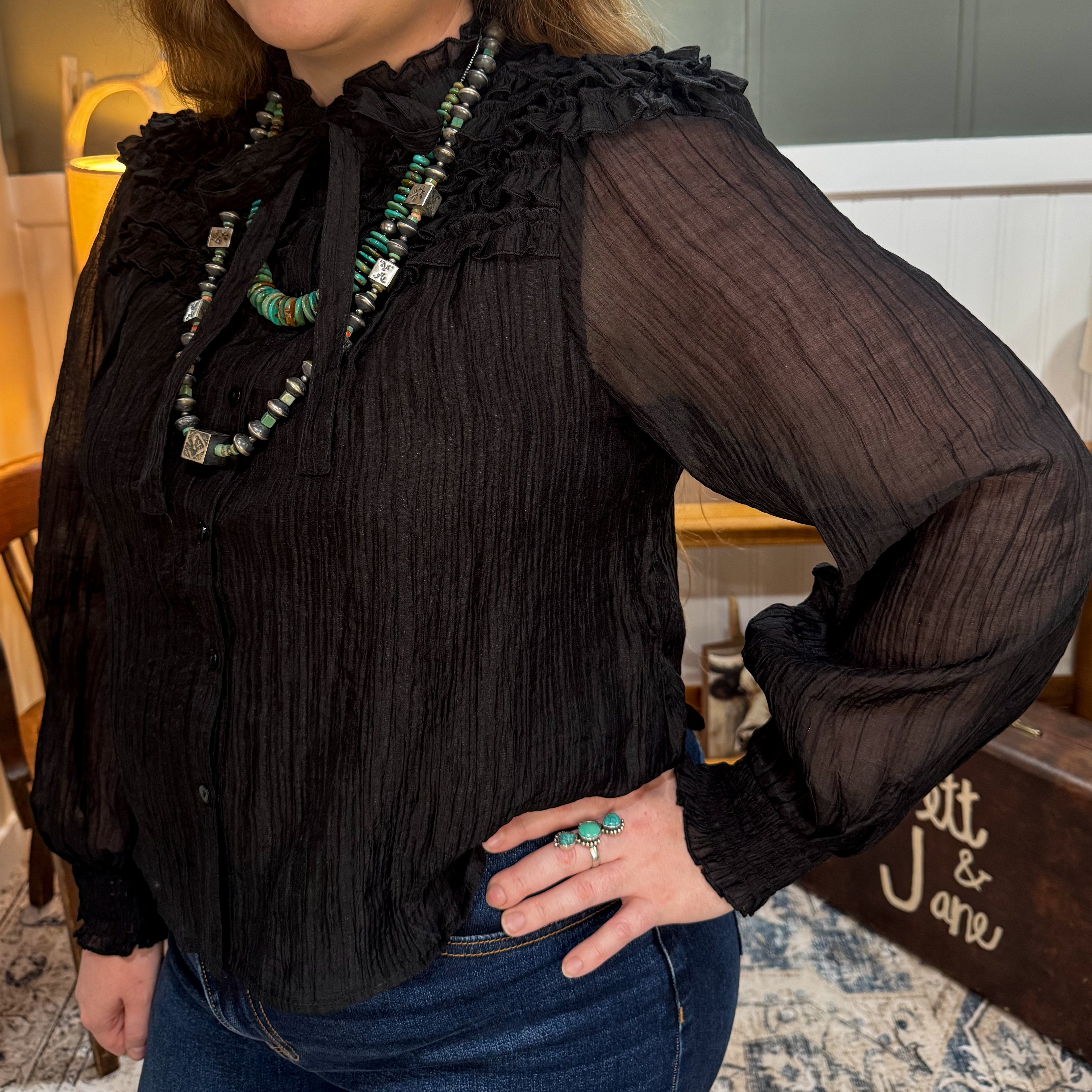 Ruffle Yoke Long Sleeve Top